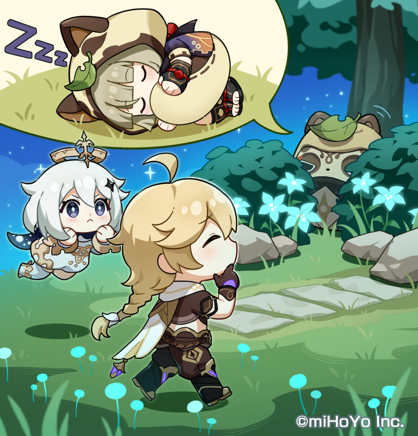 1boy 2girls aether_(genshin_impact) artist_request blonde_hair braid chibi closed_eyes commentary daruma_doll genshin_impact highres long_hair multiple_girls official_art paimon_(genshin_impact) sayu_(genshin_impact) single_braid sleeping tree white_hair zzz