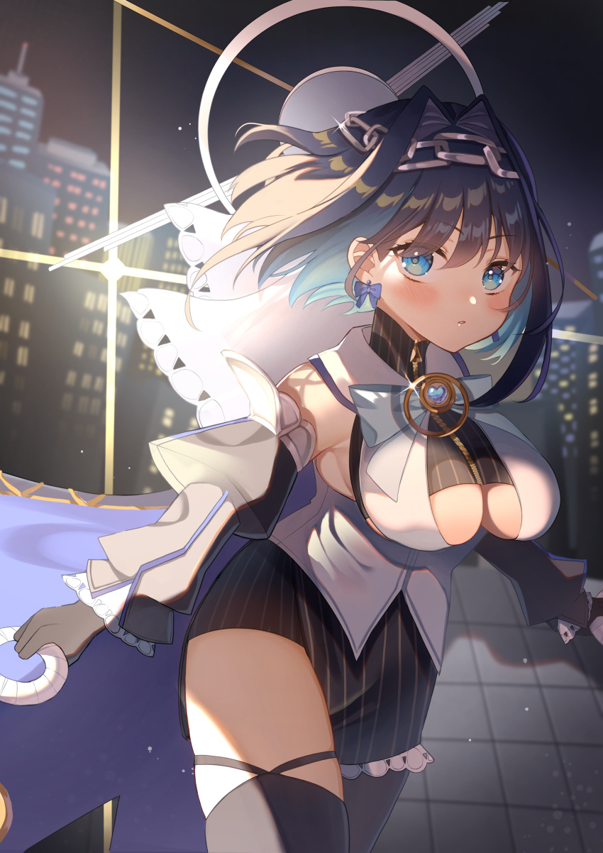 1girl absurdres asymmetrical_clothes asymmetrical_skirt black_gloves black_hair black_legwear black_shirt black_skirt blue_cape blue_hair blush breasts cape chain cleavage_cutout clothing_cutout colored_inner_hair cowboy_shot detached_sleeves gloves hair_intakes halo hayura_soyo headband highres hololive hololive_english juliet_sleeves large_breasts long_sleeves looking_at_viewer mechanical_halo multicolored_hair ouro_kronii pinstripe_pattern pinstripe_shirt pinstripe_skirt puffy_sleeves shirt short_hair skindentation skirt sleeveless sleeveless_shirt solo striped surprised thigh-highs turtleneck under_boob veil virtual_youtuber zipper