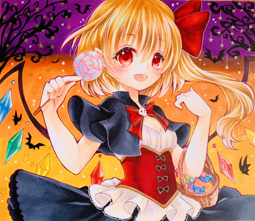 1girl absurdres alternate_costume bangs bat bat_wings black_bow black_cape black_dress blonde_hair blush bow bowtie branch breasts candy cape crystal dress eyebrows_visible_through_hair flandre_scarlet flying food frills gradient gradient_background hair_between_eyes hair_ribbon hairband halloween hands_up highres jewelry lolita_hairband looking_at_viewer marker_(medium) multicolored multicolored_background multicolored_wings no_hat no_headwear one_eye_closed open_mouth orange_background pumpkin purple_background red_dress red_eyes red_neckwear red_ribbon ribbon short_hair short_sleeves skull small_breasts smile solo standing star_(symbol) starry_background tongue touhou traditional_media tree user_jtnp5334 white_dress wings yellow_background