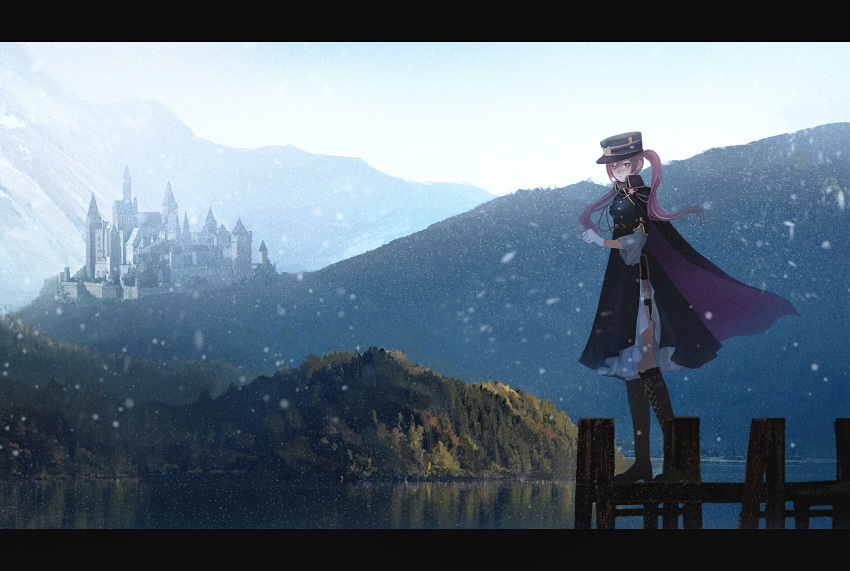 1girl aiguillette anna_(drw01) boots cape castle cross-laced_footwear dock emiko_(riftdevils) fantasy fog hat highres japanese_clothes kepi lace-up_boots looking_at_viewer military_hat mountain original pink_eyes pink_hair reflection scenery sky solo standing tree twintails two-sided_fabric uniform water
