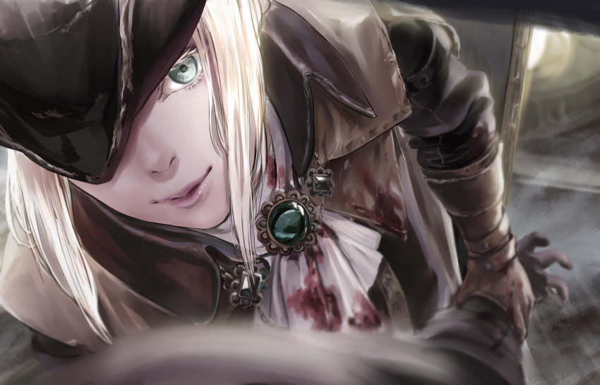 1girl absurdres ascot blonde_hair blood bloodborne blue_eyes cape coat gloves hat hat_feather highres holding lady_maria_of_the_astral_clocktower long_hair looking_at_viewer ponytail sawada2 simple_background solo the_old_hunters tricorne white_hair