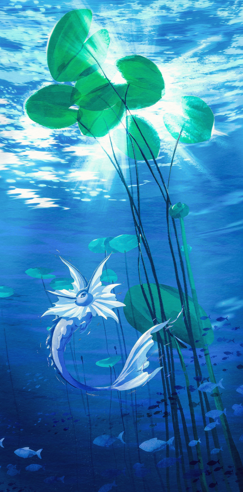 absurdres blue_eyes blue_theme fish highres light_rays lily_pad looking_to_the_side no_humans plant pokemon pokemon_(creature) shank underwater vaporeon water