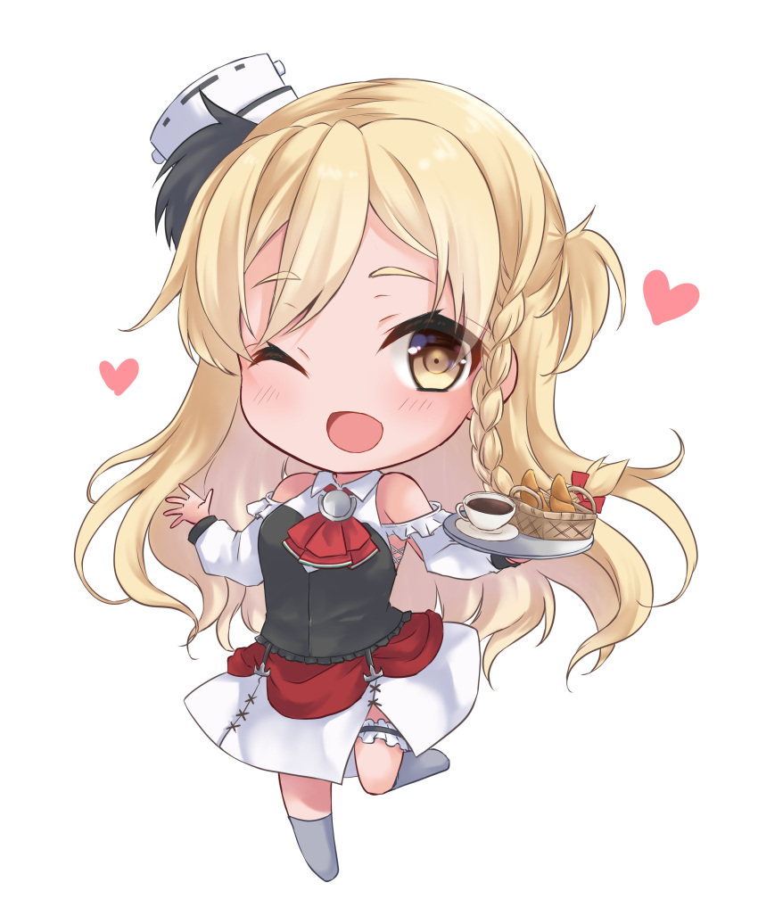 1girl absurdres bangs basket blonde_hair blush braid bread chibi cup detached_sleeves food full_body garters grey_legwear heart highres holding holding_tray kantai_collection leg_garter leg_up long_hair mashiro_yukiya one_eye_closed open_mouth red_neckwear remodel_(kantai_collection) side_braid simple_background skirt solo tray white_background zara_(kancolle)