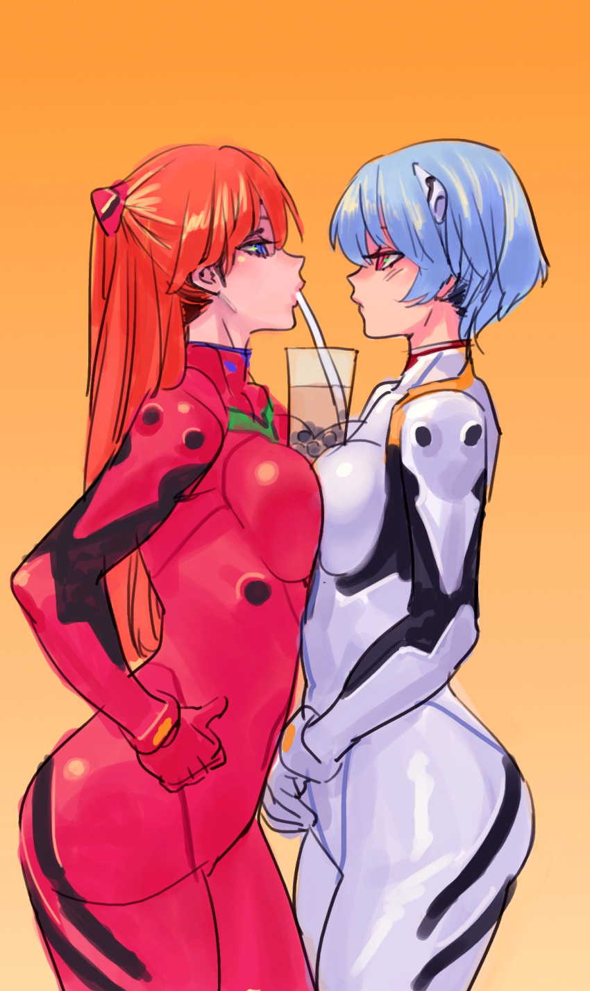 2girls archvermin ayanami_rei blue_eyes blue_hair bodysuit breast_press bubble_tea cup disposable_cup drinking drinking_straw eye_contact gloves gradient gradient_background highres long_hair looking_at_another multiple_girls neon_genesis_evangelion orange_background orange_hair plugsuit red_bodysuit red_eyes red_gloves short_hair simple_background sketch souryuu_asuka_langley standing symmetrical_docking white_bodysuit white_gloves