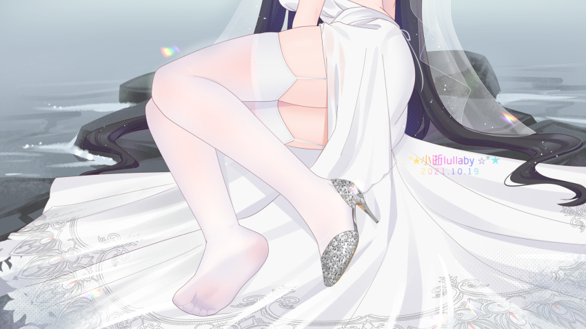 1girl azur_lane backless_dress backless_outfit black_hair cocktail_dress dated dress evening_gown feet garter_straps head_out_of_frame highres legs long_hair lying official_alternate_costume on_side outdoors satin_dress see-through_dress silver_footwear sleeveless sleeveless_dress solo taihou_(azur_lane) taihou_(temptation_on_the_sea_breeze)_(azur_lane) thigh-highs thighs very_long_hair water wedding_dress white_dress white_garter_straps white_legwear xiao_shi_lullaby