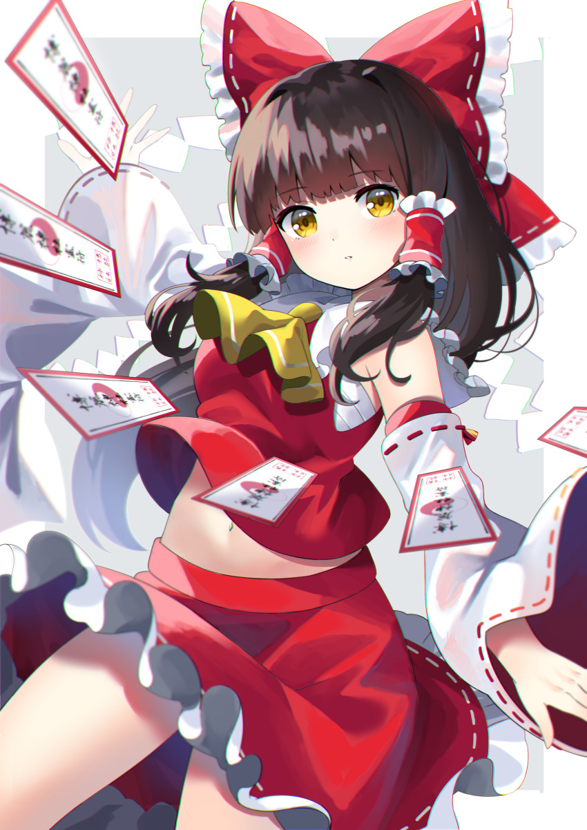 1girl absurdres ascot bare_shoulders black_hair blush border bow cowboy_shot detached_sleeves eyebrows_visible_through_hair hair_bow hair_tubes hakurei_reimu highres japanese_clothes medium_hair nontraditional_miko ofuda parted_lips red_bow red_skirt ribbon-trimmed_sleeves ribbon_trim sidelocks skirt solo touhou white_border wide_sleeves yellow_eyes yellow_neckwear yuujin_(yuzinn333)