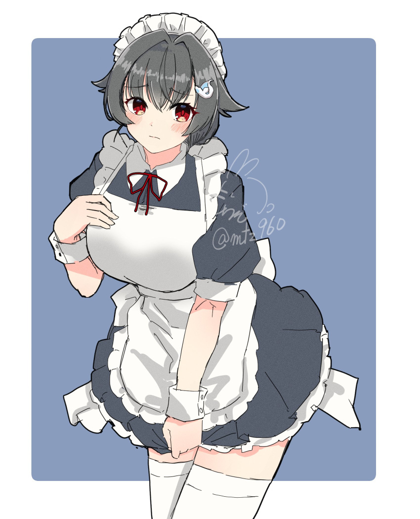 1girl alternate_costume apron artist_logo black_dress black_hair blue_background border cowboy_shot dress enmaided frilled_apron frills hair_flaps hair_ornament hairclip highres jingei_(kancolle) kantai_collection leaning_forward long_hair looking_at_viewer low_ponytail maid maid_apron maid_headdress mochizou one-hour_drawing_challenge red_eyes simple_background solo thigh-highs twitter_username two-tone_background white_apron white_border white_legwear wrist_cuffs