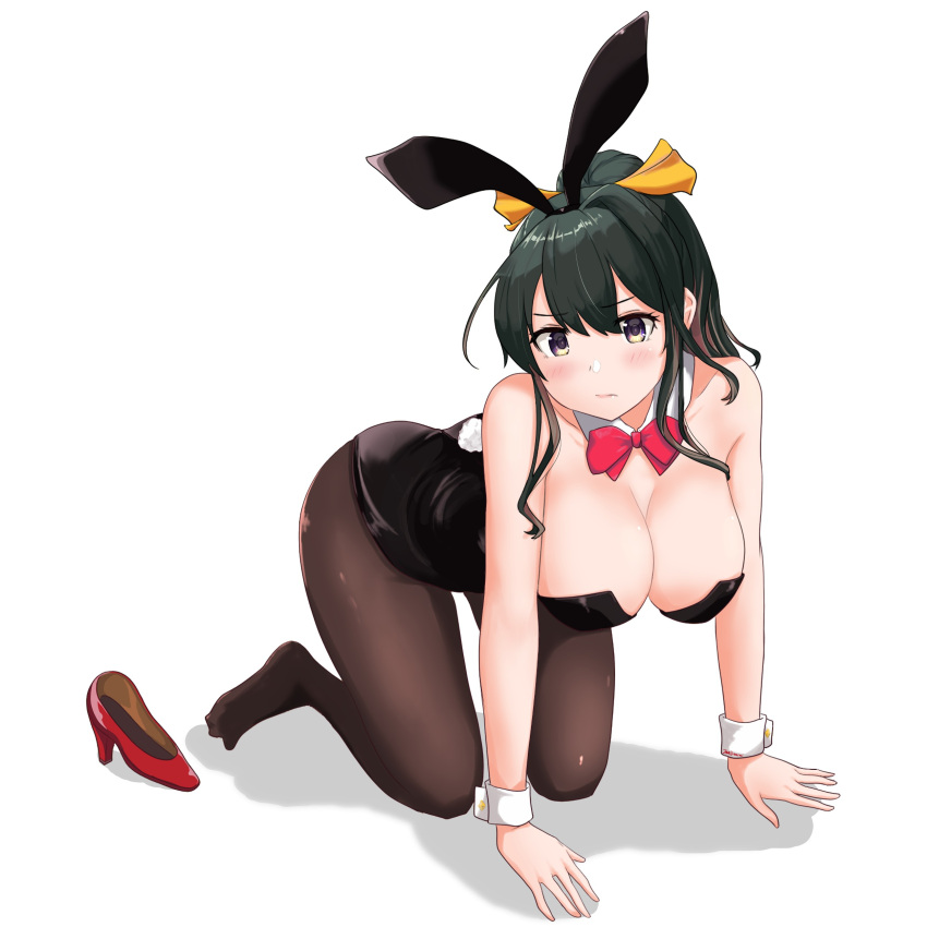 1girl absurdres animal_ears black_hair black_legwear black_leotard blush boots breasts brown_eyes closed_mouth commentary_request eyebrows_visible_through_hair fake_animal_ears hair_ribbon hanging_breasts high_heel_boots high_heels highres jousanrou kantai_collection large_breasts leotard long_hair naganami_(kancolle) pantyhose playboy_bunny ponytail rabbit_ears red_footwear ribbon shadow simple_background solo white_background yellow_ribbon