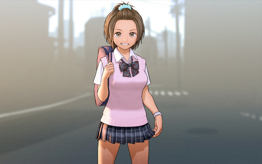 1girl bag blurry blurry_background bow bracelet brown_eyes brown_hair cowboy_shot highres jewelry looking_at_viewer original outdoors pleated_skirt rustle school_uniform shirt short_hair short_sleeves skirt smile solo sweater_vest white_shirt