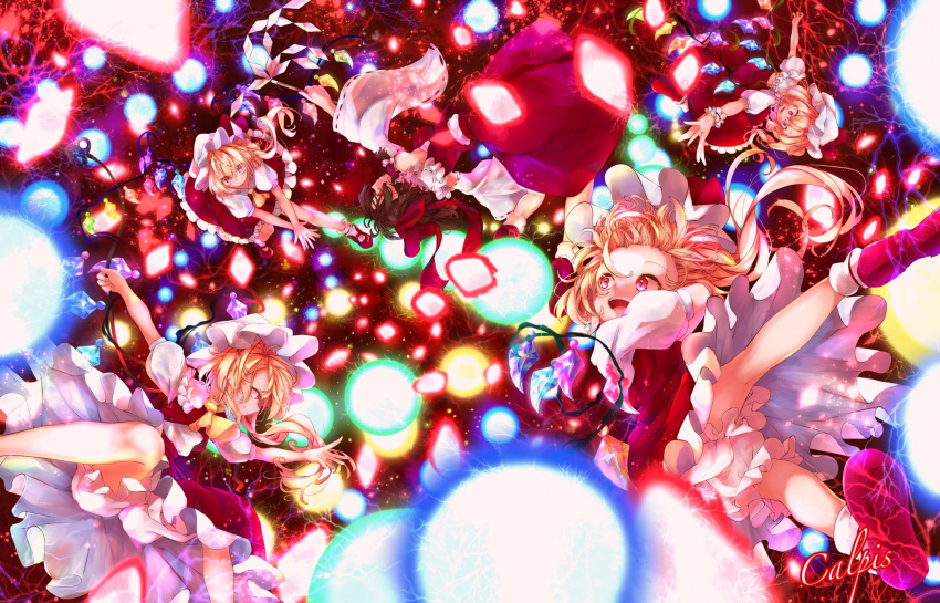 5girls aerial_battle bangs battle blonde_hair bloomers blush bow brown_eyes brown_hair calpis118 commentary_request crystal danmaku fighting flandre_scarlet four_of_a_kind_(touhou) full_body hair_bow hair_tubes hakurei_reimu hat highres laevatein_(touhou) long_hair long_sleeves mary_janes mob_cap multiple_girls nontraditional_miko open_mouth puffy_short_sleeves puffy_sleeves red_bow red_eyes red_footwear red_ribbon red_skirt red_vest ribbon ribbon-trimmed_sleeves ribbon_trim shirt shoes short_sleeves skirt teeth touhou underwear upper_teeth vampire vest white_shirt wide_sleeves wings