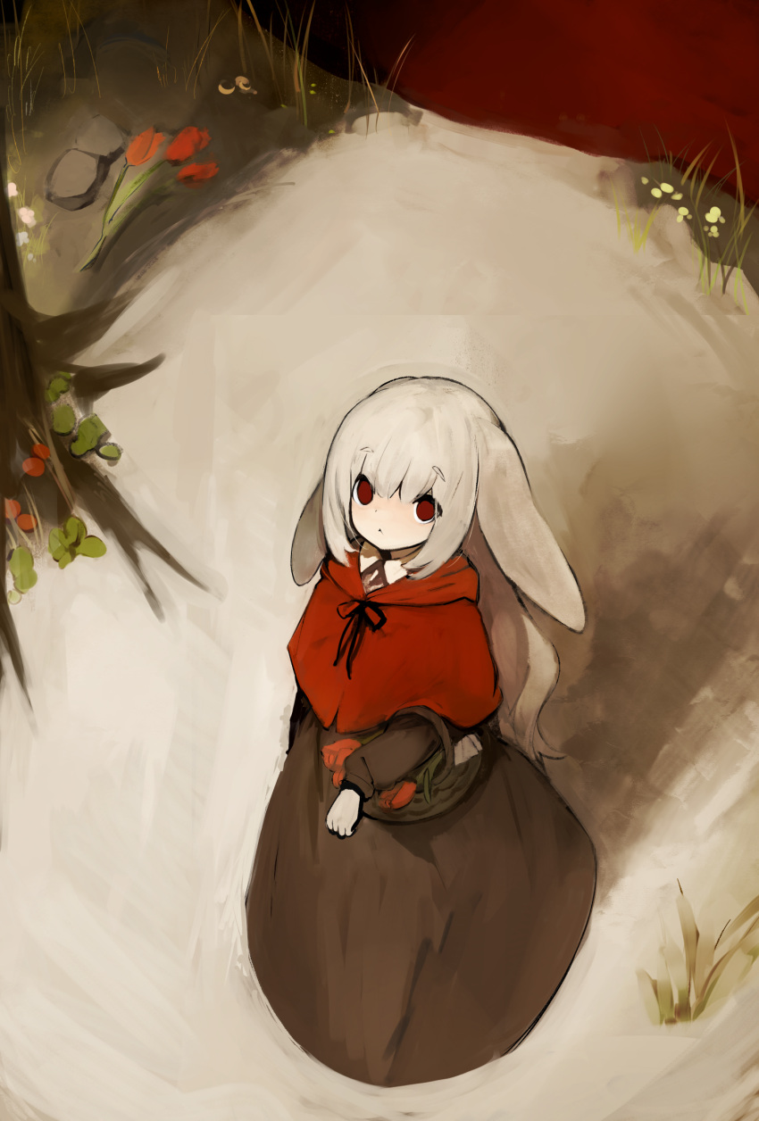 1girl albino animal animal_ears bangs basket black_skirt eyebrows_visible_through_hair flower fur grass highres holding holding_basket long_hair looking_at_viewer original outdoors rabbit rabbit_ears rabbit_girl red_eyes red_hood rose shirokujira skirt solo white_fur white_hair