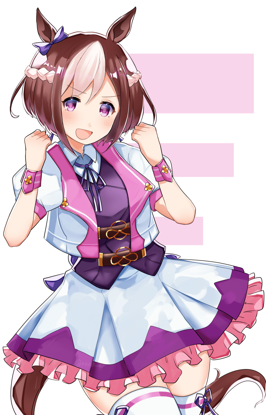 1girl :d absurdres animal_ears bangs belt braid brown_hair collared_shirt eyebrows_visible_through_hair frilled_skirt frills frxe3828 gold_trim hands_up highres horse_ears horse_girl horse_tail looking_at_viewer mole mole_under_eye multicolored_hair necktie open_mouth parted_bangs pink_eyes pink_hair puffy_short_sleeves puffy_sleeves ribbon shirt short_hair short_sleeves simple_background skirt smile solo special_week_(umamusume) streaked_hair tail thigh-highs two-tone_background two-tone_hair umamusume white_background wrist_cuffs