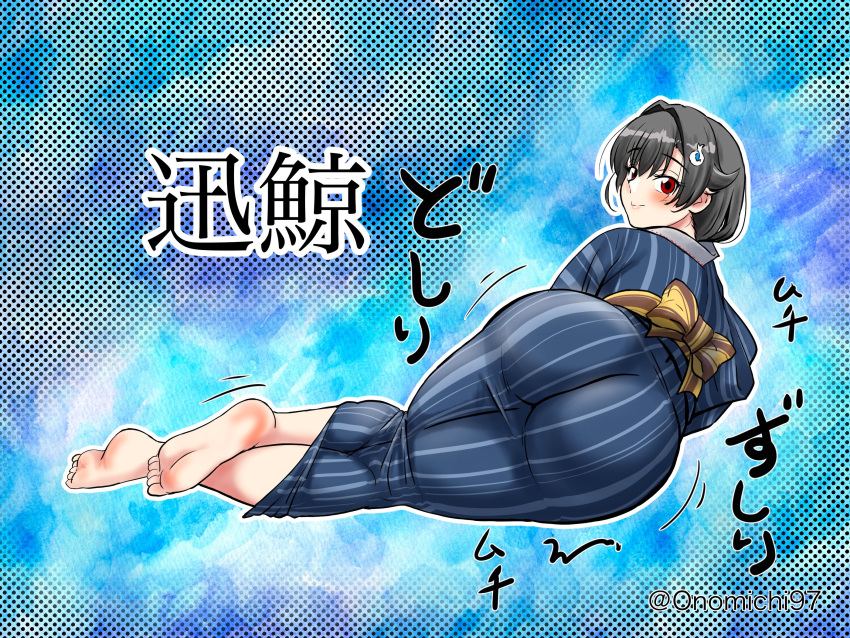 1girl barefoot black_hair blue_kimono blush closed_mouth eyebrows_visible_through_hair hair_ornament highres japanese_clothes jingei_(kancolle) kanji kantai_collection kimono looking_at_viewer one-hour_drawing_challenge onomichi_(528959) red_eyes short_hair smile solo twitter_username