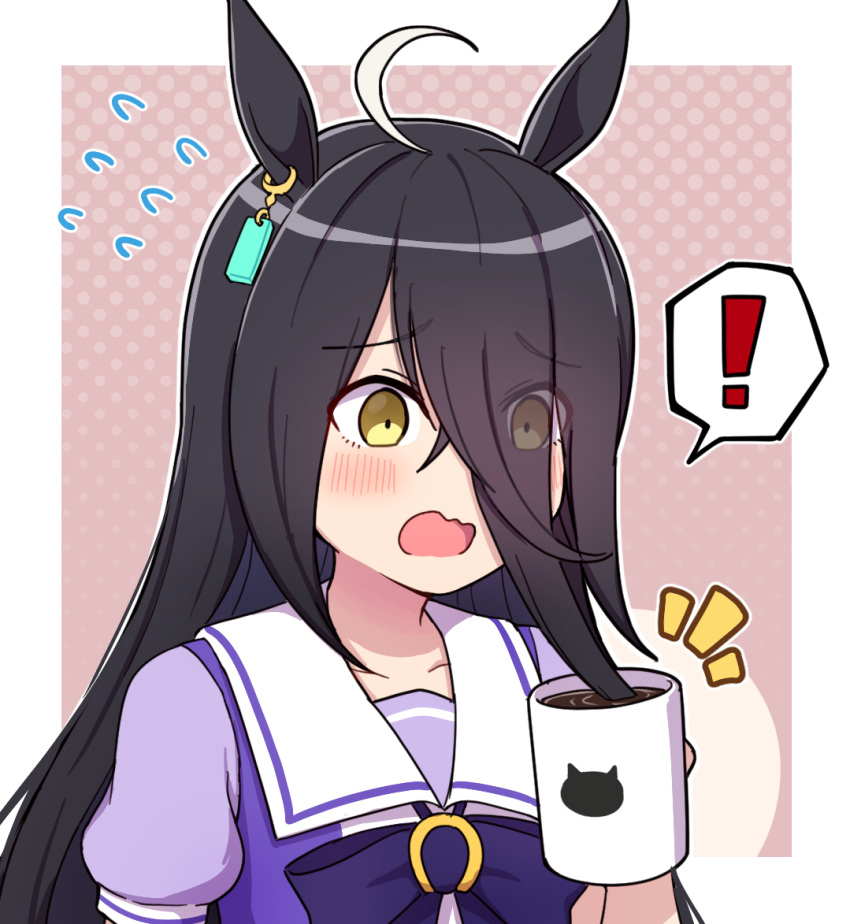 ! 1girl ahoge animal_ears bangs black_hair blue_bow blush bow brown_eyes coffee_mug commentary_request cup eyebrows_visible_through_hair eyes_visible_through_hair flying_sweatdrops hair_over_one_eye halftone halftone_background holding holding_cup horse_ears long_hair manhattan_cafe_(umamusume) mug notice_lines open_mouth puffy_short_sleeves puffy_sleeves purple_shirt school_uniform shirt short_sleeves solo spoken_exclamation_mark takiki tracen_school_uniform umamusume upper_body wavy_mouth