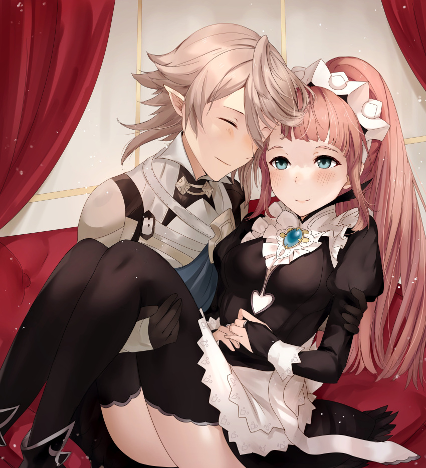 1boy 1girl absurdres apron armor bangs black_dress black_gloves black_legwear blue_eyes blunt_bangs blush breasts bridal_gauntlets carrying center_frills closed_eyes closed_mouth commentary commission corrin_(fire_emblem) corrin_(fire_emblem)_(male) dress english_commentary feather_trim felicia_(fire_emblem) fire_emblem fire_emblem_fates fire_emblem_heroes forehead-to-forehead frills gauntlets gloves hair_between_eyes hand_on_another's_thigh haru_(nakajou-28) heads_together high_ponytail highres juliet_sleeves long_hair long_sleeves maid maid_headdress manakete medium_breasts pink_hair pointy_ears ponytail princess_carry puffy_sleeves short_hair sidelocks silver_hair sitting smile thigh-highs waist_apron white_apron