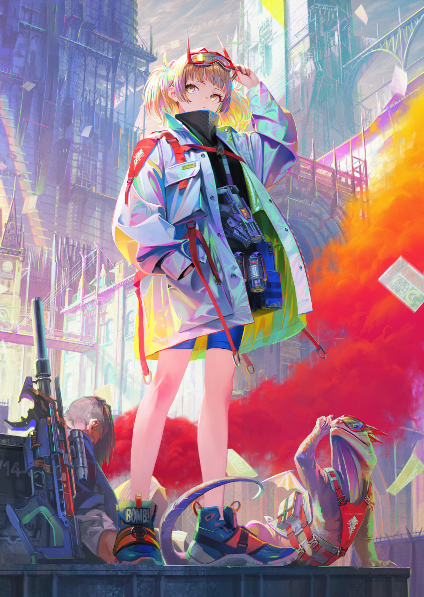 1boy 1girl absurdres architecture assault_rifle bangs blue_footwear blue_shorts blunt_bangs brown_eyes city cityscape explosive goggles goggles_on_head grenade gun hand_in_pocket highres jacket lizard lizard_tail multicolored_hair nababa original rifle shoes short_hair short_twintails shorts sidelocks standing tail twintails weapon white_jacket