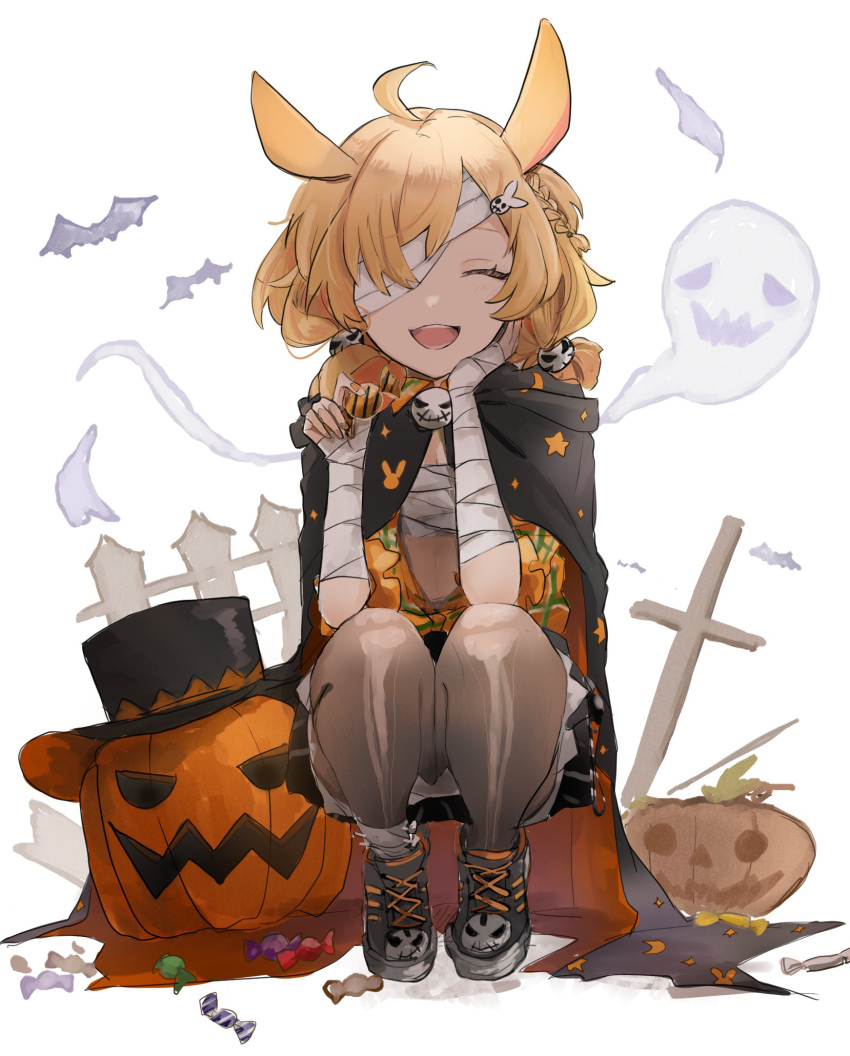 ahoge akebisousaku animal_ears arknights bandage_over_one_eye bandaged_arm bandages bat black_cloak black_legwear blonde_hair braid candy cloak commentary_request facing_viewer fence food ghost hair_ornament hat highres holding holding_candy holding_food jack-o'-lantern kroos_(arknights) kroos_(the_mag)_(arknights) open_mouth sarashi shoes short_twintails simple_background skull_hair_ornament smile sneakers squatting tiptoes tombstone top_hat twintails white_background