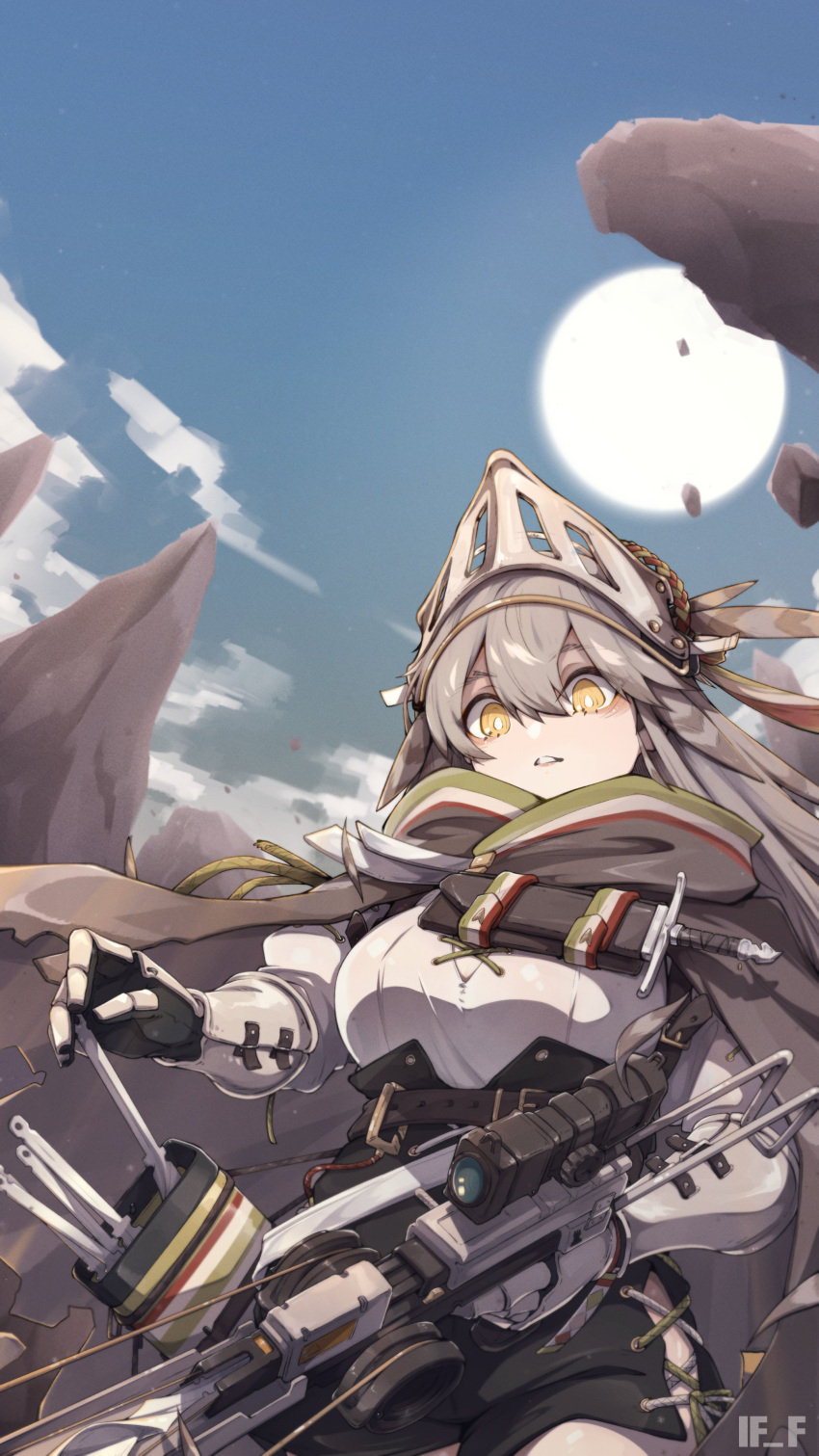 1girl absurdres arknights armor artist_name belt breastplate cloak crossbow dagger fartooth_(arknights) gauntlets grey_hair highres holding holding_crossbow holding_weapon if_f knife outdoors parted_lips scope sheath sheathed shorts sky solo sun visor_(armor) weapon yellow_eyes