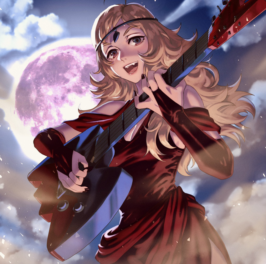 1girl ahoge alternate_costume bangs bare_shoulders bikini_boody black_nails blonde_hair circlet clouds cloudy_sky electric_guitar fire_emblem fire_emblem_fates full_moon guitar highres instrument long_hair looking_at_viewer moon music night night_sky open_mouth ophelia_(fire_emblem) playing_instrument sky