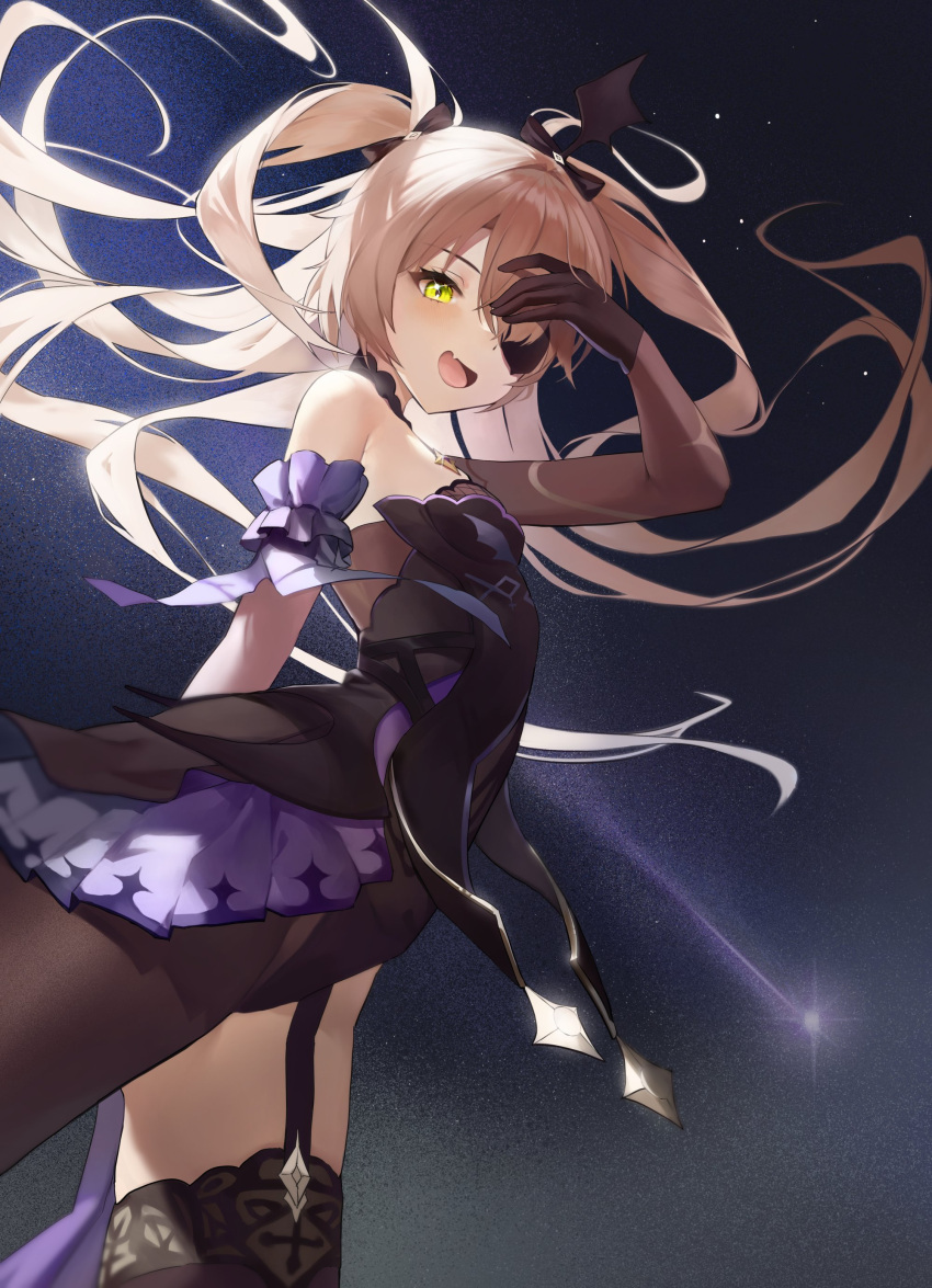 1girl absurdres bare_shoulders black_dress black_legwear bodysuit dress eyepatch fang fischl_(genshin_impact) fishnet_bodysuit fishnets frills genshin_impact gothic_lolita green_eyes hair_ribbon hand_on_own_face highres lolita_fashion long_hair looking_at_viewer night night_sky open_mouth paya_32 ribbon single_thighhigh sky smile thigh-highs twintails