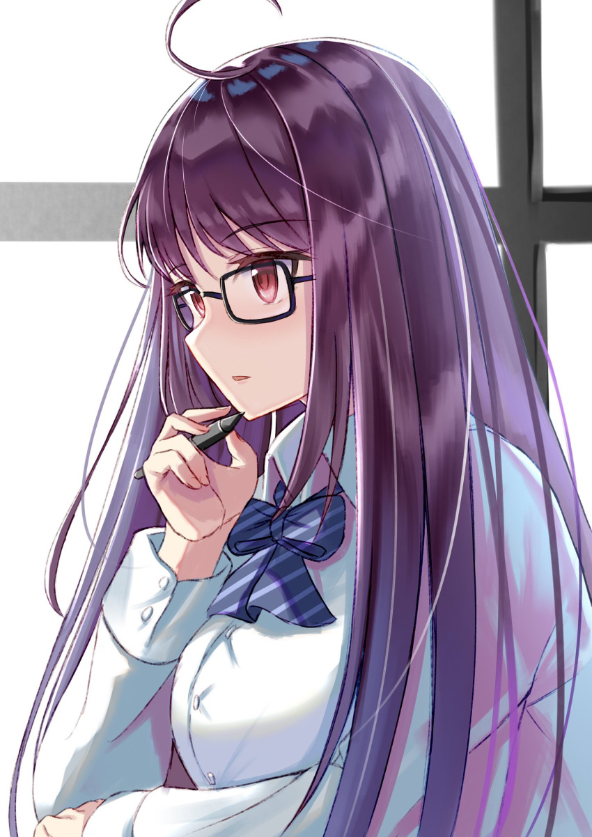 1girl ahoge bangs black-framed_eyewear black_bow bow breasts collared_shirt commentary_request diagonal-striped_bow dress_shirt eyebrows_visible_through_hair glasses hand_up highres holding holding_stylus long_hair long_sleeves looking_away medium_breasts natsuki_(natukituki) original purple_hair red_eyes shirt sleeves_past_wrists solo stylus upper_body very_long_hair white_shirt window