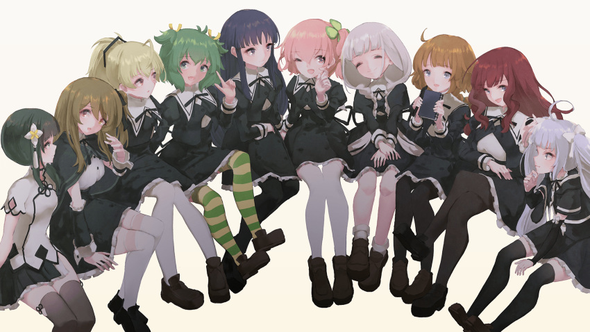 6+girls :d ;d ahoge andou_tazusa arm_at_side arm_cutout assault_lily bangs beige_background black_capelet black_choker black_footwear black_hair black_legwear black_neckwear black_ribbon black_skirt blonde_hair blue_eyes blunt_bangs bow braid braided_ponytail brown_footwear brown_hair buttons capelet choker closed_eyes closed_mouth clothing_cutout clover_hair_ornament collared_shirt commentary_request cropped_jacket crossed_legs detached_sleeves dress_shirt eyebrows_visible_through_hair fang flower four-leaf_clover_hair_ornament frilled_skirt frilled_sleeves frills futagawa_fumi green_eyes green_legwear grey_legwear hair_between_eyes hair_bow hair_flower hair_ornament hair_over_shoulder hair_ribbon hand_on_own_chin hand_up hands_on_lap hands_up heterochromia high-waist_skirt highres hitotsuyanagi_riri hitotsuyanagi_yuri holding holding_pen holding_sketchbook index_finger_raised invisible_chair juliet_sleeves kaede_johan_nouvel knees_together_feet_apart kuo_shenlin legs_together loafers long_hair long_sleeves looking_at_another looking_at_viewer low_ponytail low_twin_braids miniskirt miriam_hildegard_von_gropius multicolored multicolored_clothes multicolored_legwear multiple_girls neck_ribbon one_eye_closed one_side_up open_mouth pantyhose parted_lips pen pink_eyes pink_hair pleated_skirt ponytail profile puffy_sleeves red_eyes ribbon school_uniform shiki_hakana shirai_yuyu shirt shoes short_hair short_sleeves side-by-side side_ponytail side_slit sidelocks silver_hair simple_background single_braid sitting sketchbook skin_fang skirt smile socks striped striped_legwear tassel thigh-highs twin_braids twintails two_side_up very_long_hair violet_eyes wang_yujia white_bow white_flower white_legwear white_shirt yellow_eyes yellow_legwear yellow_ribbon yoshimura_thi_mai yurigaoka_girls_academy_school_uniform zettai_ryouiki