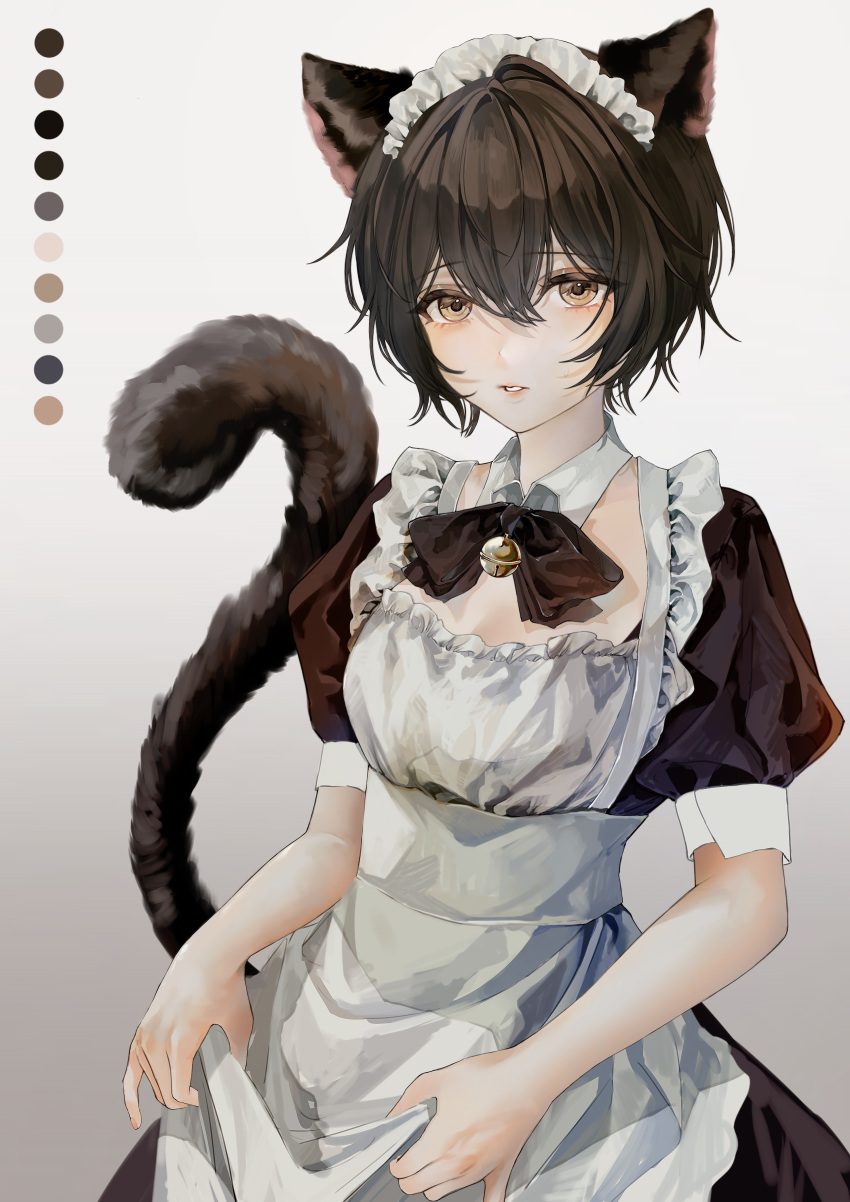 1girl absurdres animal_ears apron bell black_dress black_neckwear bow bowtie brown_eyes brown_hair cat_ears cat_girl cat_tail color_guide commentary d4dj detached_collar dress english_commentary giraffe_three gradient gradient_background grey_background highres looking_at_viewer maid maid_apron maid_headdress miyake_aoi neck_bell parted_lips puffy_short_sleeves puffy_sleeves short_hair short_sleeves skirt_hold solo tail upper_body white_apron