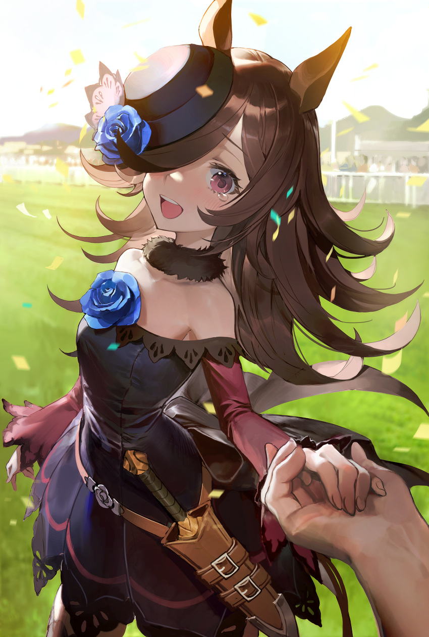 1girl absurdres animal_ears bangs bare_shoulders belt belt_buckle black_dress black_headwear blue_flower blue_rose blush breasts brown_hair buckle confetti cowboy_shot dagger dress flower fur_choker hair_over_one_eye hat highres holding_hands horse_ears knife korean_commentary long_hair looking_at_viewer mountainous_horizon off-shoulder_dress off_shoulder open_mouth out_of_frame outdoors pov pov_hands rice_shower_(umamusume) rose sheath sheathed shycocoa small_breasts solo_focus tearing_up teeth umamusume upper_teeth violet_eyes weapon