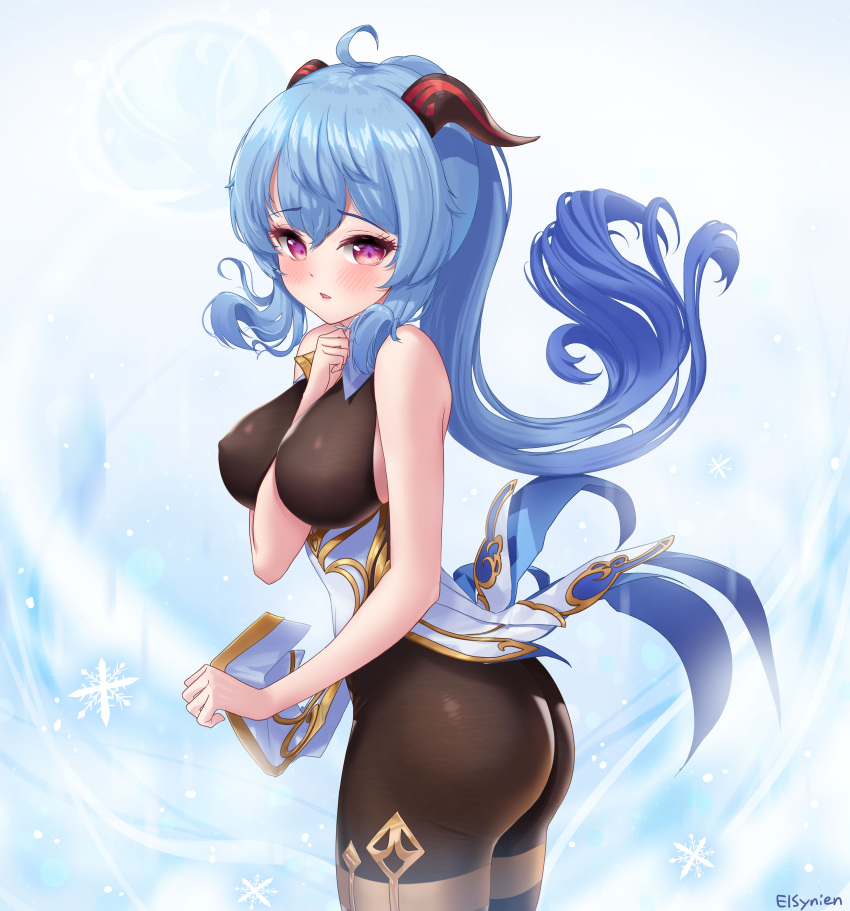 1girl absurdres ahoge ass bangs bell black_bodysuit blue_hair blush bodysuit breasts butt_crack commentary_request eyebrows_visible_through_hair from_side ganyu_(genshin_impact) genshin_impact hair_between_eyes highres horns kyo_(user_jpfr5738) large_breasts leaning_forward long_hair looking_at_viewer looking_to_the_side neck_bell parted_lips sidelocks signature simple_background solo violet_eyes