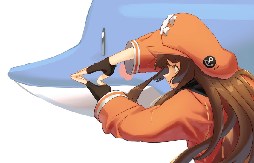 1girl anchor_symbol bangs black_gloves brown_eyes brown_hair dolphin dondobi fingerless_gloves from_side gloves guilty_gear guilty_gear_strive highres jacket long_hair long_sleeves may_(guilty_gear) orange_headwear orange_jacket own_hands_together skull_and_crossbones upper_body white_background wide_sleeves