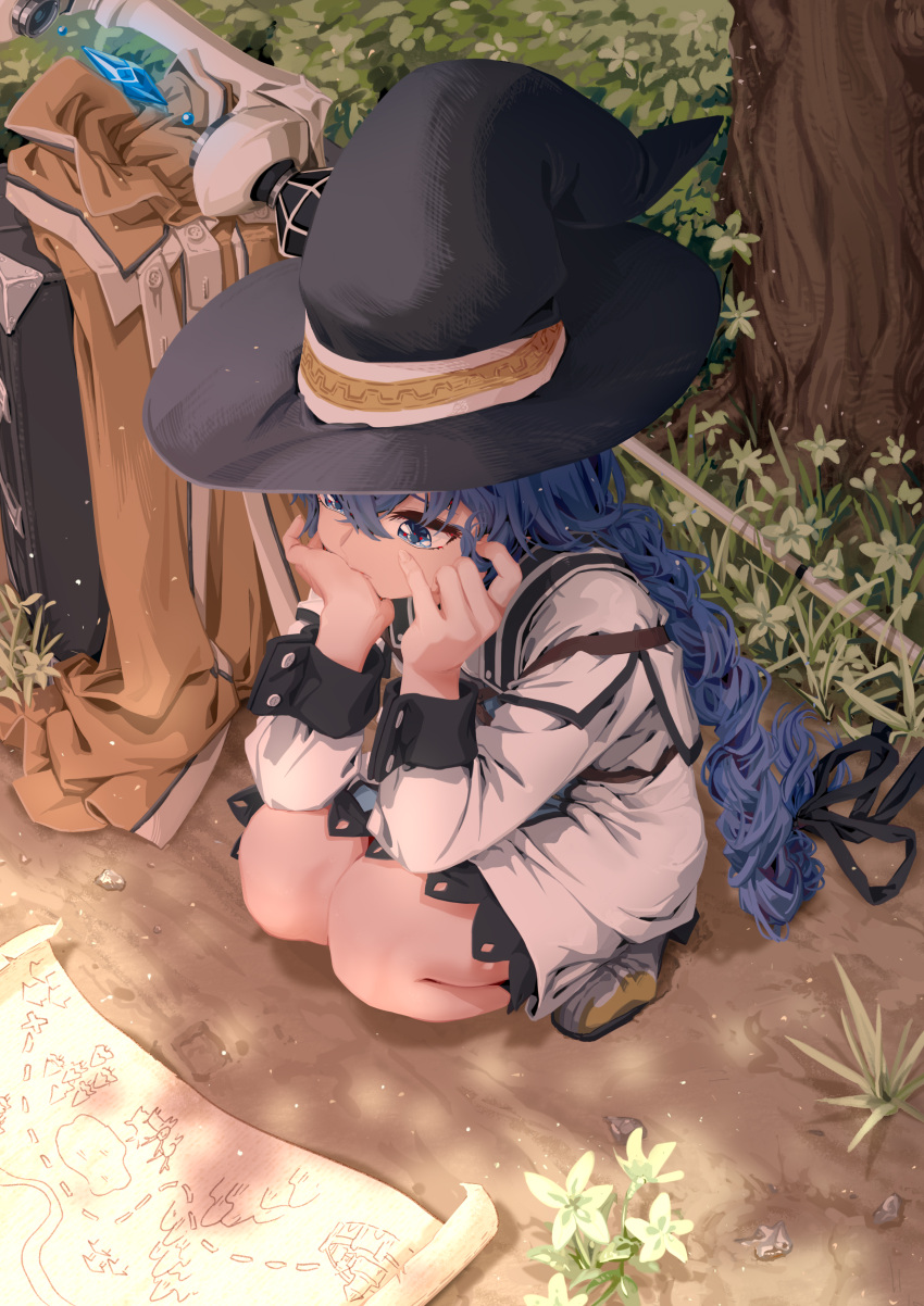 1girl absurdres aia_(pixiv15077492) bangs black_headwear blue_eyes blue_hair braid brown_cape brown_capelet cape capelet crossed_bangs day dress full_body hair_between_eyes hands_on_own_face hands_up hat head_rest highres long_braid long_hair map mushoku_tensei outdoors roxy_migurdia solo squatting staff tree white_dress witch_hat