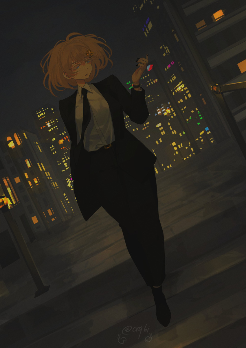 1girl absurdres black_jacket black_nails black_neckwear blonde_hair blue_eyes cityscape colored_eyelashes crabi dutch_angle formal hair_ornament highres hololive hololive_english jacket monocle_hair_ornament nail_polish necktie night pants shirt short_hair solo suit twitter_username watch watch watson_amelia white_shirt