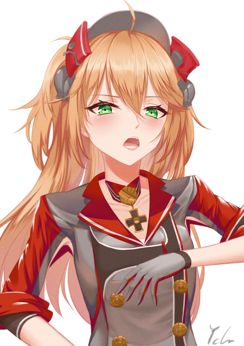 1girl absurdres admiral_hipper_(azur_lane) azur_lane buttons double-breasted gloves green_eyes grey_gloves hair_between_eyes headgear highres ichikushi_mojibake long_hair looking_at_viewer open_mouth orange_hair red_gloves simple_background solo standing teeth two-tone_gloves upper_body white_background