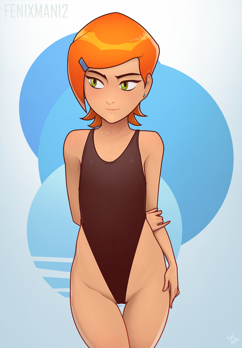1girl arms_behind_back ben_10 black_swimsuit child earrings eyebrows fenixman12 flat_chest green_eyes gwendolyn_tennyson highleg highleg_swimsuit highres jewelry looking_to_the_side one-piece_swimsuit orange_hair short_hair swimsuit thighs