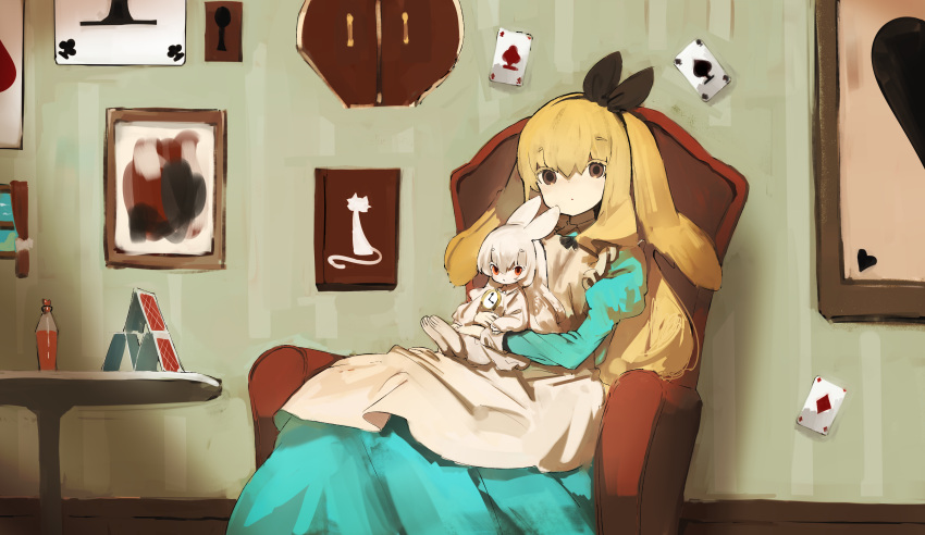 1girl absurdres alice_(alice_in_wonderland) alice_in_wonderland animal animal_ears apron bangs black_bow blonde_hair blue_dress bow brown_eyes card chair clock club_(shape) commentary_request diamond_(shape) dress fur hair_bow heart highres holding holding_animal holding_bunny house_of_cards indoors long_hair looking_at_viewer original playing_card rabbit rabbit_girl shirokujira spade_(shape) table white_fur