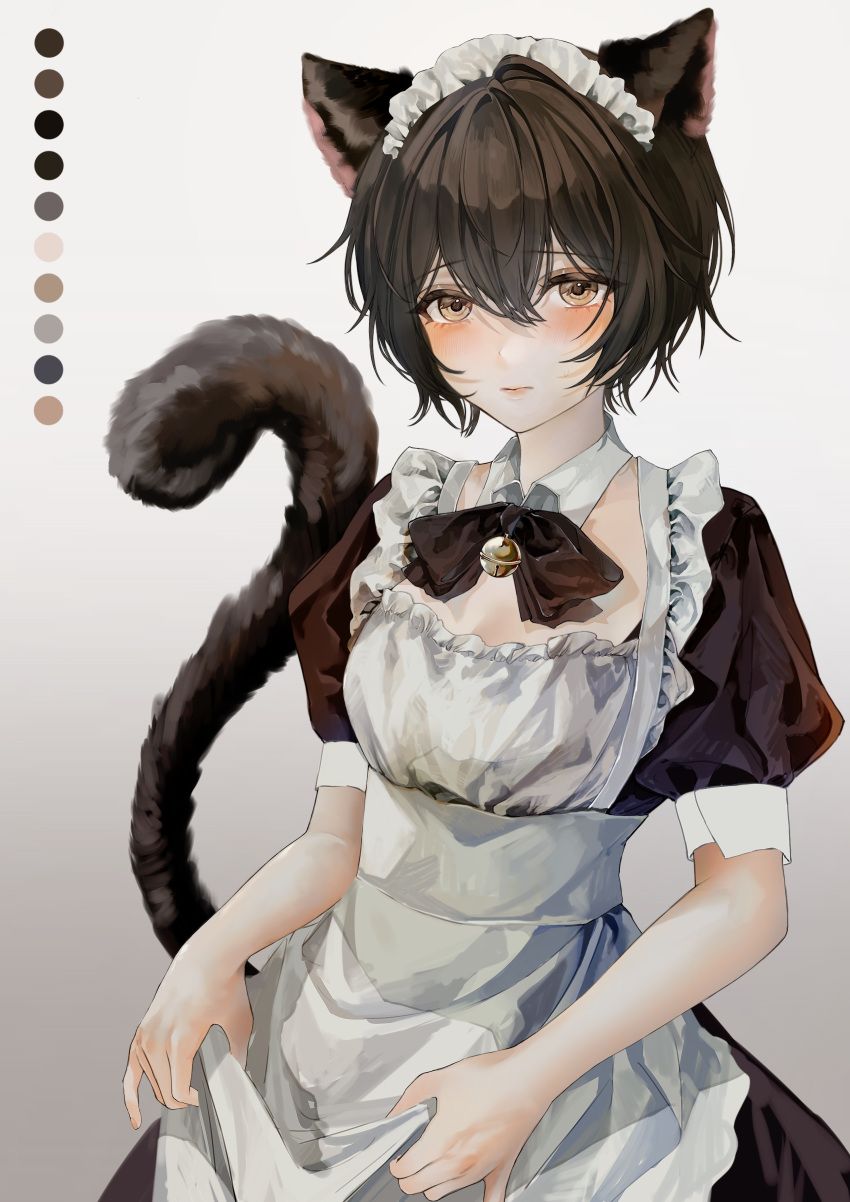 1girl absurdres animal_ears apron bell black_dress black_neckwear blush bow bowtie brown_eyes brown_hair cat_ears cat_girl cat_tail closed_mouth color_guide commentary d4dj detached_collar dress english_commentary giraffe_three gradient gradient_background grey_background highres looking_at_viewer maid maid_apron maid_headdress miyake_aoi neck_bell puffy_short_sleeves puffy_sleeves short_hair short_sleeves skirt_hold solo tail upper_body white_apron