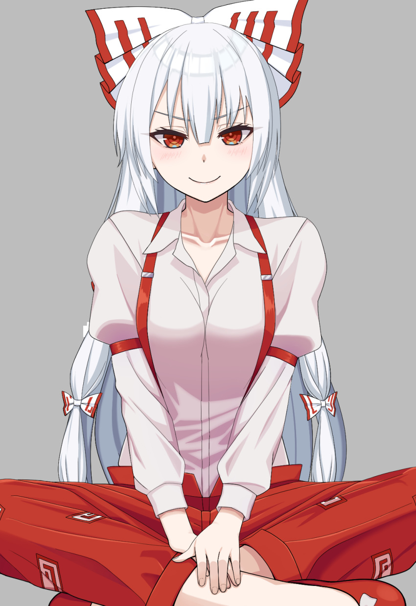 1girl bangs bow closed_mouth eyebrows_behind_hair eyebrows_visible_through_hair fujiwara_no_mokou grey_background hair_bow highres indian_style juliet_sleeves long_hair long_sleeves looking_at_viewer multiple_bows palenitre pants puffy_sleeves red_eyes red_footwear red_pants shirt silver_hair simple_background sitting solo suspenders touhou v-shaped_eyebrows white_shirt