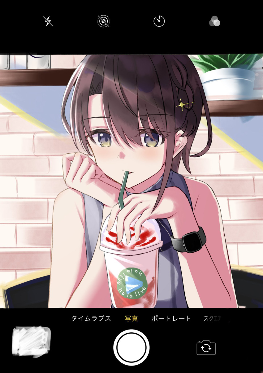 1girl bangs bare_arms bare_shoulders bendy_straw black_hair braid brick_wall brown_eyes commentary_request cup disposable_cup drinking_straw eyebrows_visible_through_hair grey_shirt hair_between_eyes highres holding holding_cup hololive natsuki_(natukituki) oozora_subaru phone_screen shelf shirt sleeveless sleeveless_shirt solo virtual_youtuber watch watch