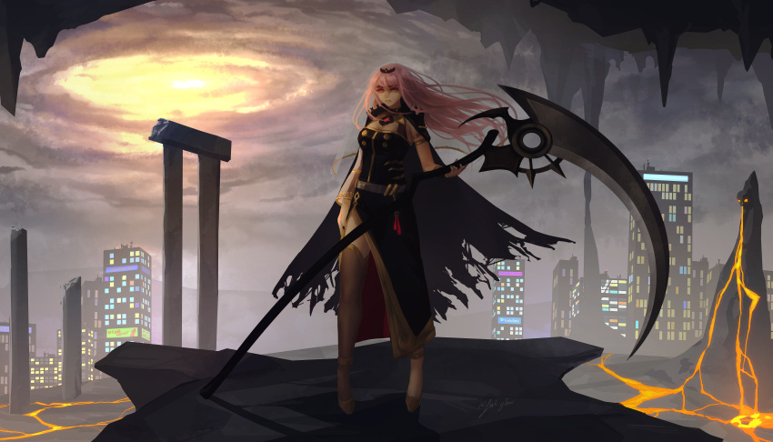 1girl absurdres breasts cape cityscape crabi destruction highres hololive hololive_english large_breasts long_hair looking_at_viewer molten_rock mori_calliope pink_hair red_eyes scythe solo thigh-highs torn_cape torn_clothes virtual_youtuber