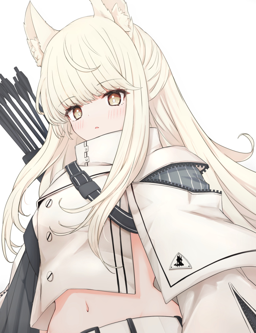 1girl animal_ear_fluff animal_ears arknights arrow_(projectile) bangs blonde_hair blunt_bangs blush bright_pupils brown_eyes eyebrows_visible_through_hair highres horse_ears long_hair long_sleeves looking_at_viewer midriff navel parted_lips platinum_(arknights) quiver revealing_clothes risshu sidelocks simple_background solo unzipped upper_body very_long_hair white_background zipper