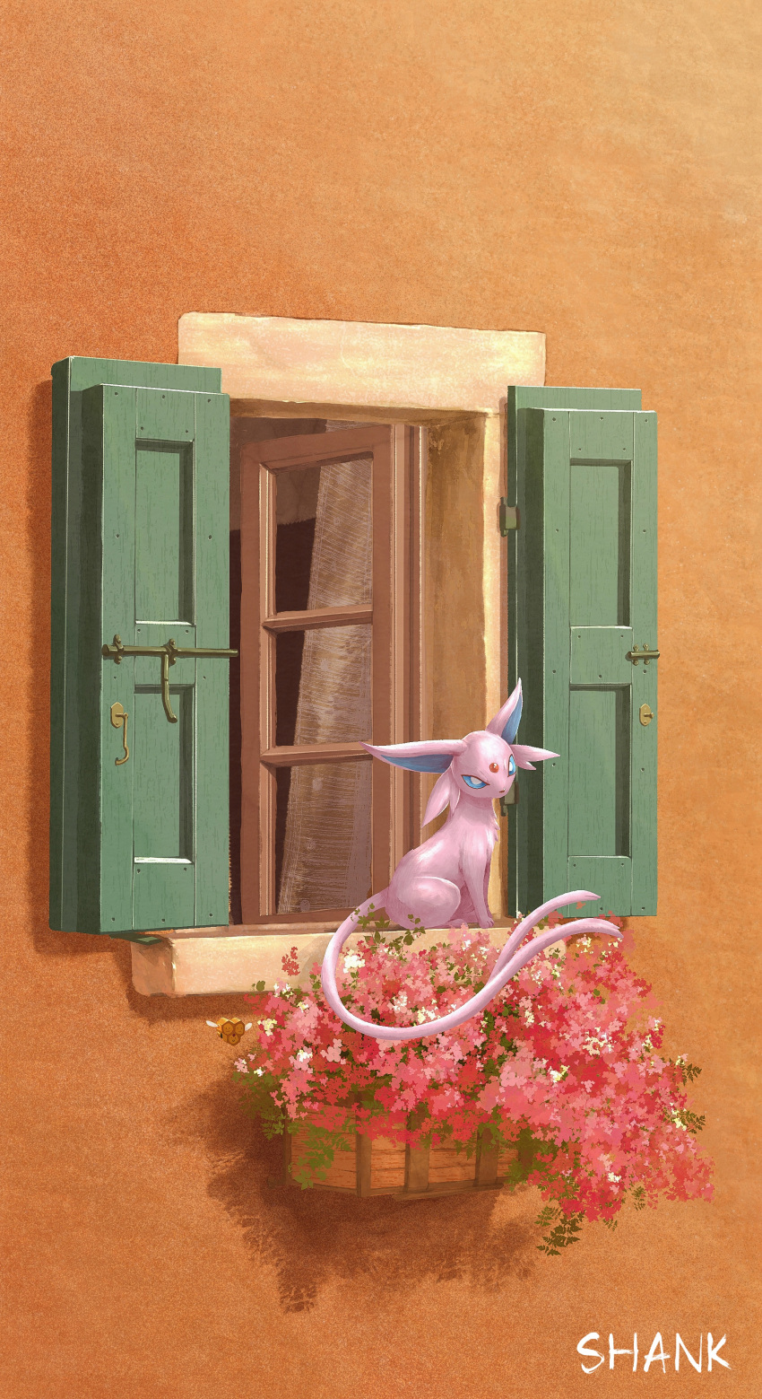 absurdres artist_name blue_eyes combee espeon flower forehead_jewel forked_tail full_body highres no_humans pokemon pokemon_(creature) scenery shank signature sitting solo tail wall window