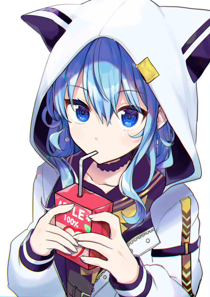 1girl absurdres apple_juice bangs black_sailor_collar black_shirt blue_eyes blue_hair collarbone drink drinking drinking_straw drinking_straw_in_mouth earrings eyebrows_visible_through_hair hair_between_eyes highres holding holding_drink hololive hood hood_up hooded_jacket hoshimachi_suisei jacket jewelry juice_box long_sleeves looking_at_viewer medium_hair official_alternate_costume sailor_collar sailor_shirt shinomiya_shino_(sinosino141) shirt simple_background solo star_(symbol) star_in_eye symbol_in_eye upper_body virtual_youtuber white_background white_jacket