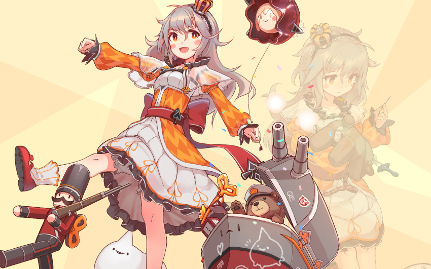 1girl balloon capelet crown detached_sleeves dress grey_hair highres long_hair long_sleeves mini_crown orange_dress orange_eyes orange_sleeves queen_elizabeth_(warship_girls_r) see-through_capelet toy_soldier warship_girls_r wave505 younger