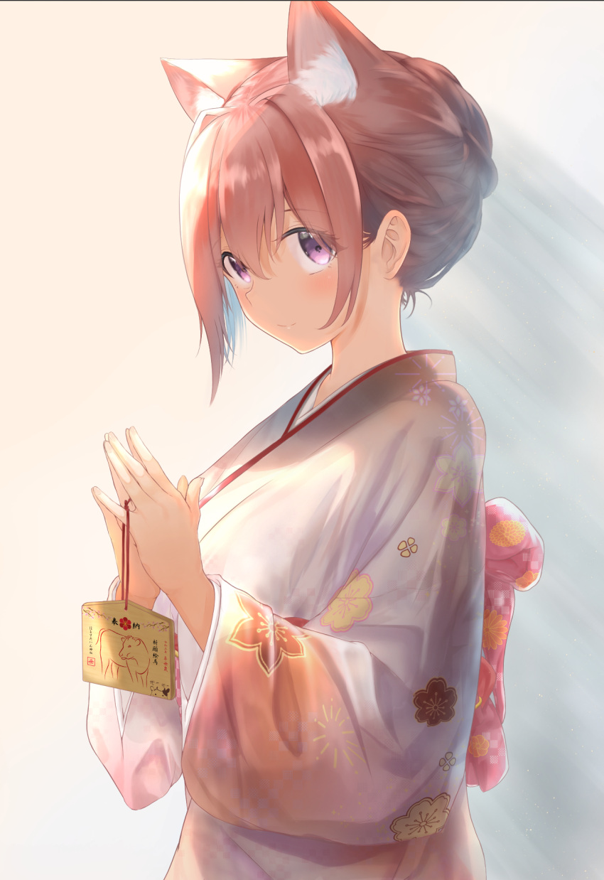 1girl animal_ear_fluff animal_ears closed_mouth commentary_request ema eyes_visible_through_hair floral_print furisode highres japanese_clothes kimono moubokobokodayo original own_hands_together pink_hair print_kimono short_hair sidelocks smile solo upper_body violet_eyes white_kimono wide_sleeves
