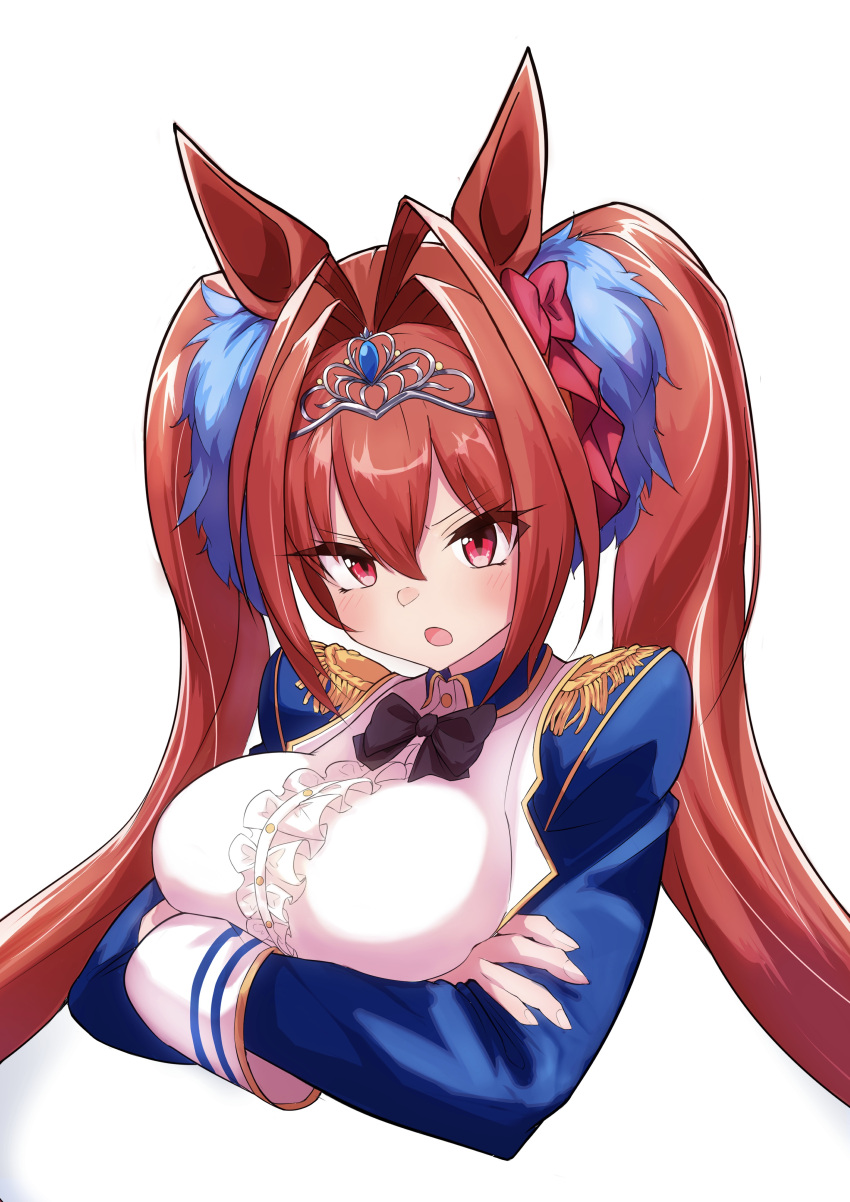 1girl absurdres animal_ears bow bowchan breast_hold breasts brown_hair crossed_arms daiwa_scarlet_(umamusume) eyebrows_visible_through_hair hair_bow highres horse_ears horse_girl large_breasts long_hair long_sleeves looking_at_viewer open_mouth pink_eyes red_bow solo tiara twintails umamusume upper_body