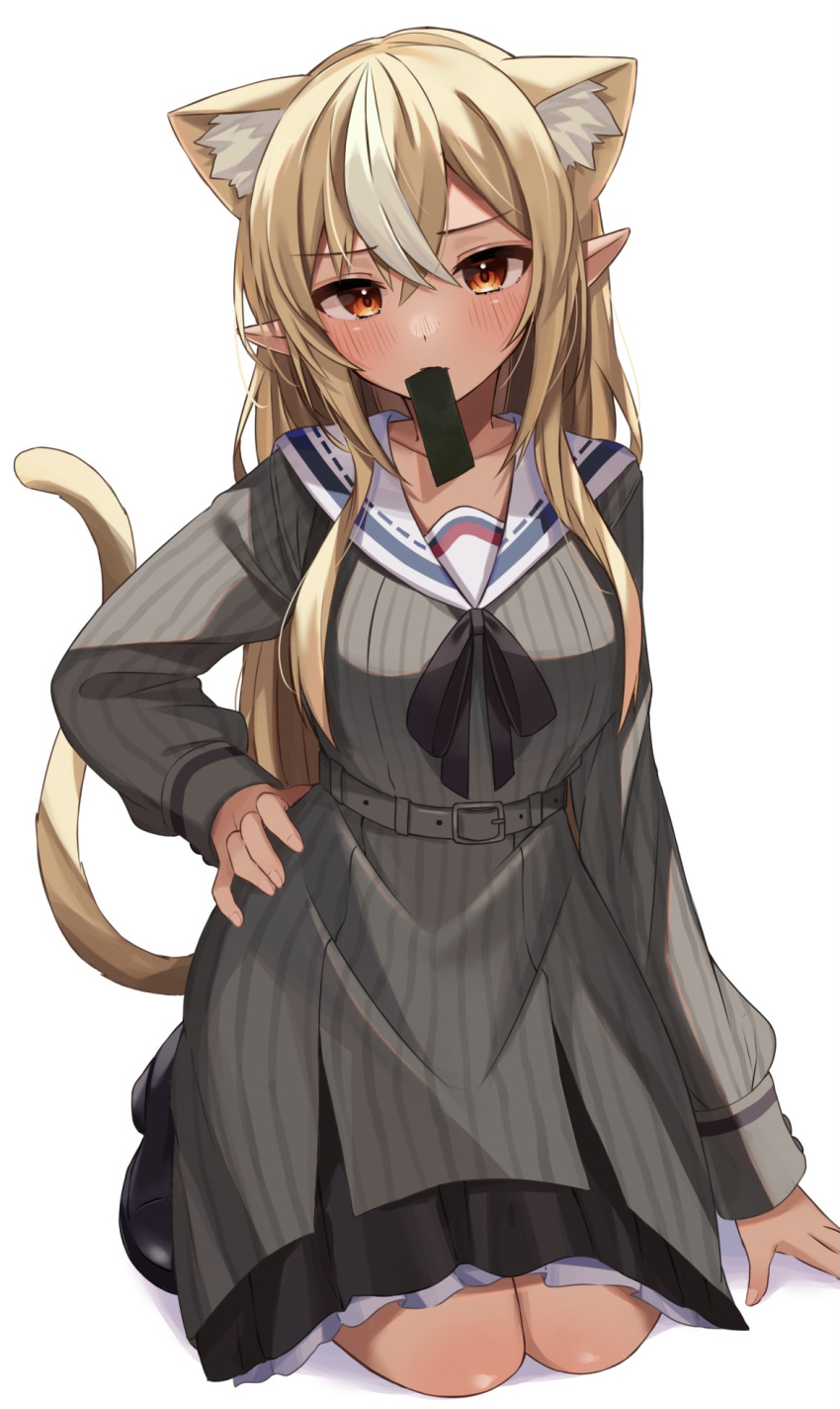 1girl animal_ear_fluff animal_ears bangs black_footwear blonde_hair blush bow brown_bow cat_ears cat_girl cat_tail commentary_request dress extra_ears eyebrows_visible_through_hair full_body grey_dress hair_between_eyes hand_on_hip highres hololive kneeling long_sleeves looking_at_viewer moonbell mouth_hold multicolored_hair pointy_ears red_eyes sailor_collar shiranui_flare shoes simple_background solo streaked_hair tail tail_raised virtual_youtuber white_background white_hair white_sailor_collar