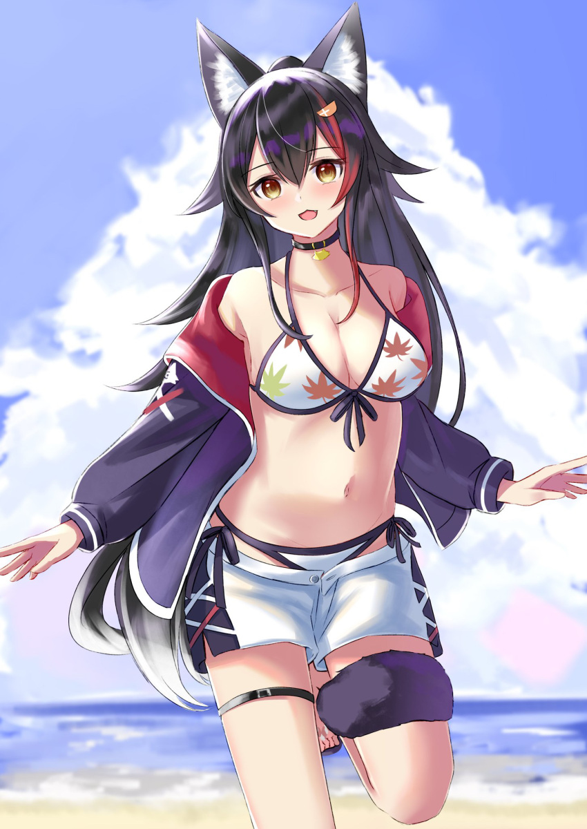 1girl :d animal_ear_fluff animal_ears bangs barefoot bikini bikini_under_clothes black_hair black_jacket blue_sky blurry blurry_background blush brown_eyes clouds cloudy_sky commentary_request day depth_of_field eyebrows_visible_through_hair front-tie_bikini front-tie_top hair_between_eyes highres hololive horizon jacket leaf_print long_hair multicolored_hair natsuki_(natukituki) navel ocean off_shoulder ookami_mio open_clothes open_fly open_jacket outdoors print_bikini redhead short_shorts shorts side-tie_bikini sky smile solo standing standing_on_one_leg streaked_hair swimsuit tail very_long_hair virtual_youtuber water white_bikini white_shorts wolf_ears wolf_girl wolf_tail