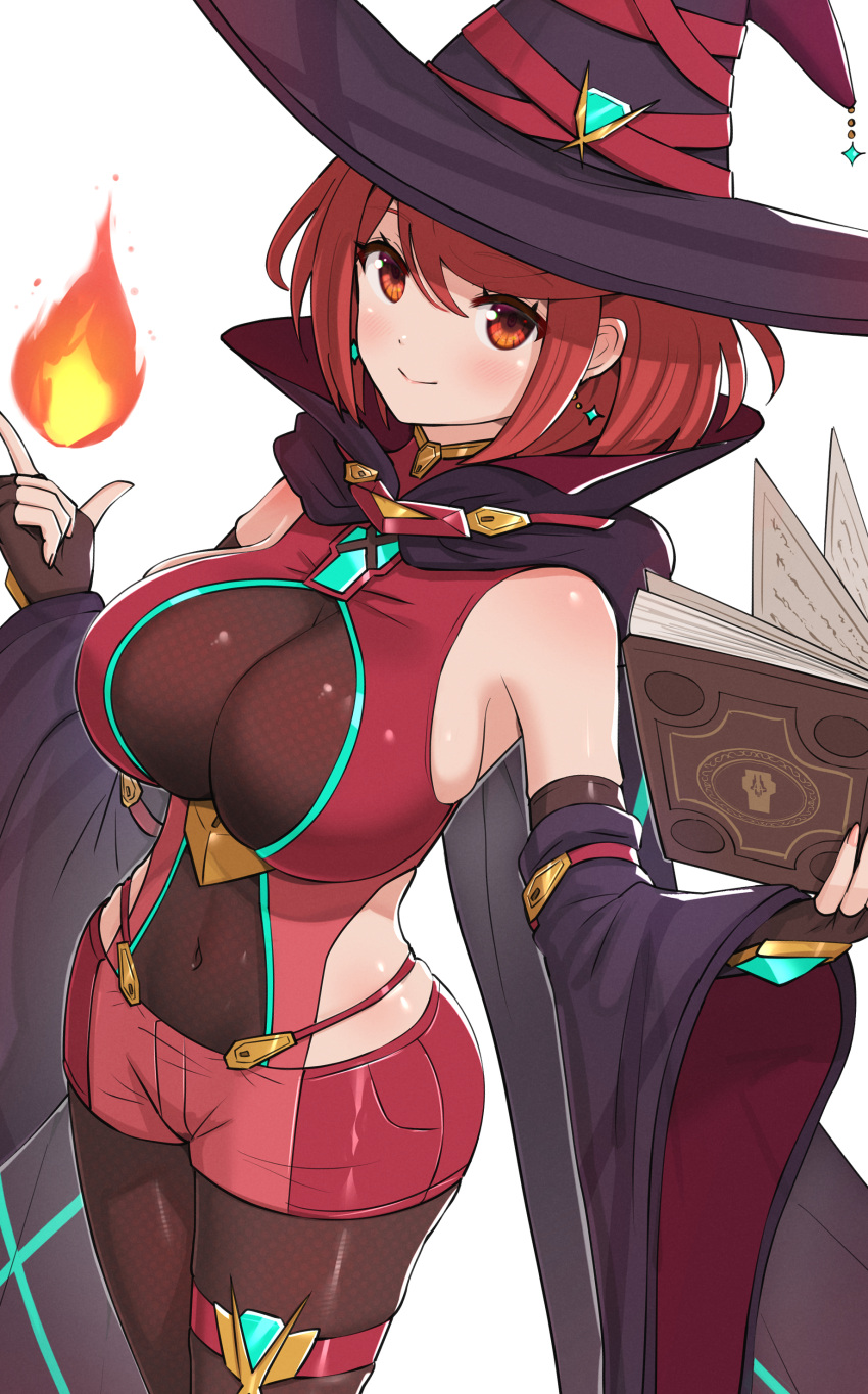 1girl absurdres black_cape black_headwear book breasts cape chest_jewel closed_mouth covered_navel detached_sleeves earrings fire gem gonzarez hat highres holding holding_book jewelry large_breasts looking_at_viewer pyra_(xenoblade) red_eyes redhead short_hair simple_background smile solo standing white_background wide_sleeves witch_hat xenoblade_chronicles_(series) xenoblade_chronicles_2