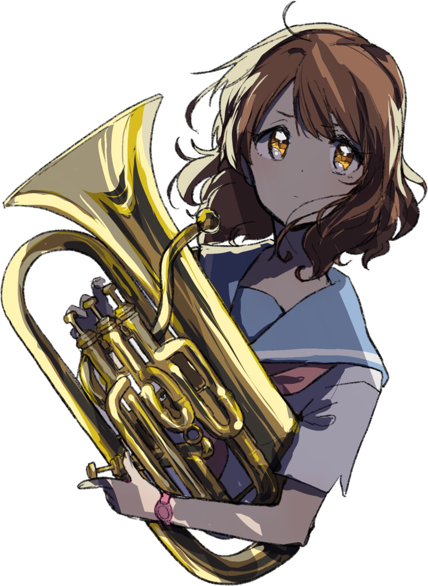 1girl bangs blue_sailor_collar brown_eyes brown_hair closed_mouth euphonium hibike!_euphonium highres holding holding_instrument instrument kitauji_high_school_uniform looking_at_viewer neckerchief oumae_kumiko pink_neckwear ritsu_(roboroboro) sailor_collar school_uniform serafuku shirt short_hair short_sleeves simple_background solo watch white_background white_shirt