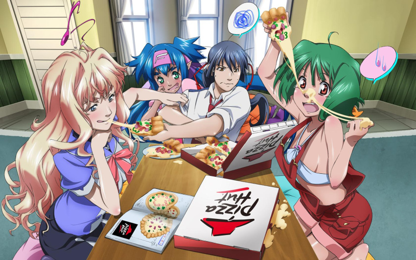 blue_eyes blue_hair blush child eating food green_hair highres klan_klein macross macross_frontier meltrandi official_art overalls pizza pizza_hut pointy_ears product_placement ranka_lee saotome_alto sheryl_nome wallpaper zentradi